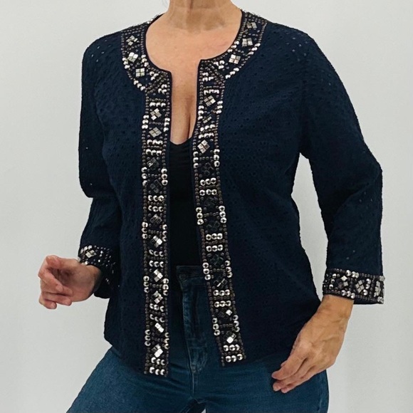 Chico’s Boho Eyelet Crochet Beaded Studded Sequins Coastal Open Cardigan Jacket - Picture 6 of 16